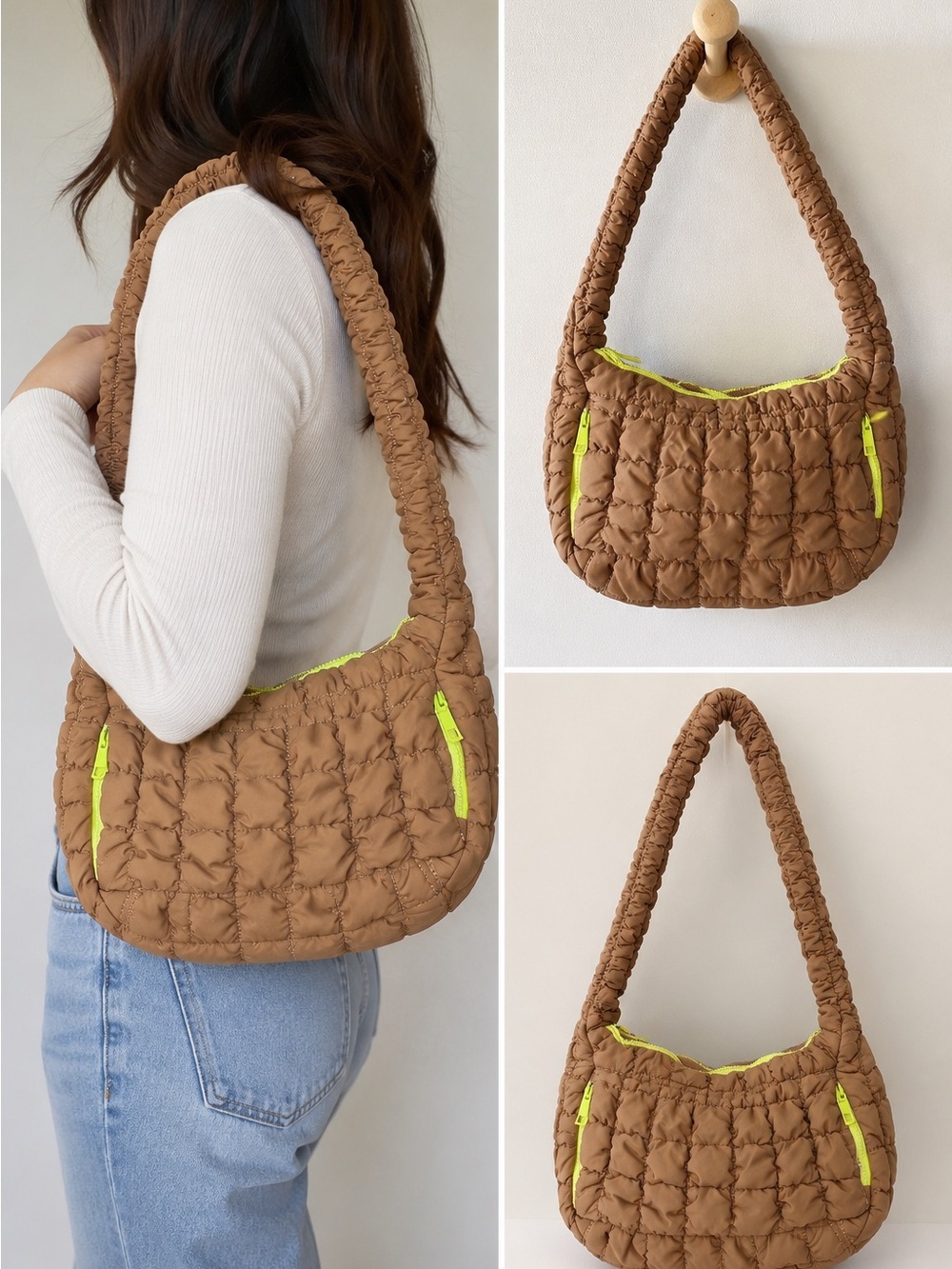 Urban Outfitters Quilted Tan Shoulder Bag with Neon Yellow Trim